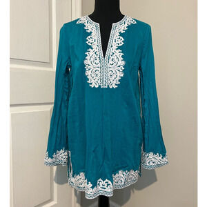 MICHAEL KORS Teal And White Embroidered Tunic  Blouse Lightweight Cotton Size M‎